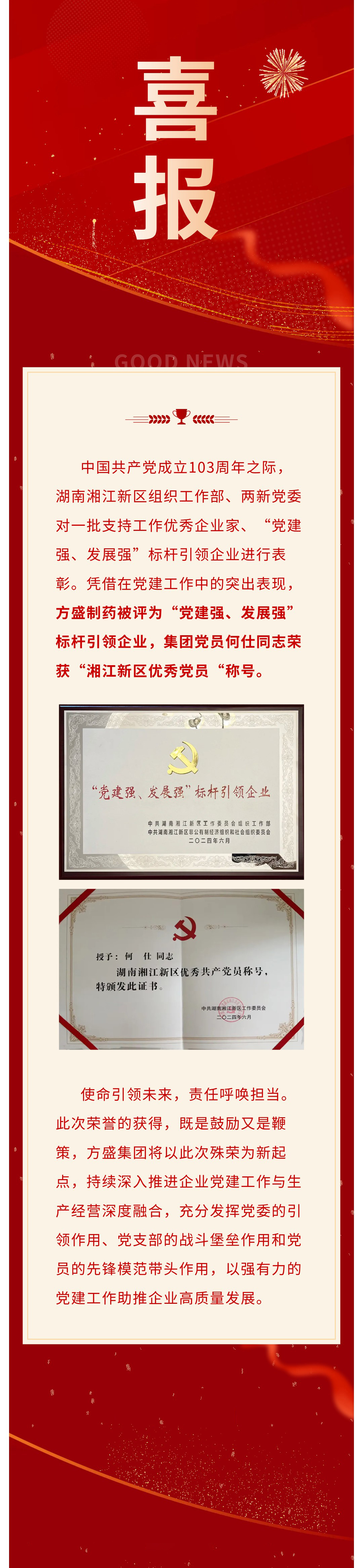 喜报｜pp电子制药荣获“党建强、生长强”标杆引领企业称呼、何仕同志荣获“湘江新区优异党员“称呼_pp电子